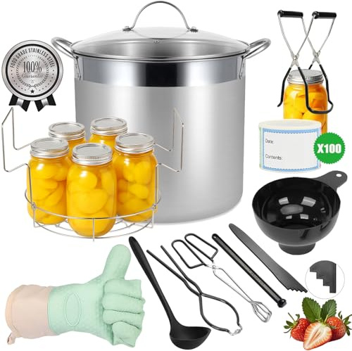 HOMKULA K4 - Pentola in acciaio inossidabile con griglia e coperchio, grande contenitore per bagnomaria, kit completo per l'inscatolamento della casa, compatibile con fornelli a induzione e piano in