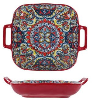 Plateau de service en céramique avec poignées, assiette en céramique bohème, assiette carrée, plat à salade coloré, assiette à fruits rétro (style A)