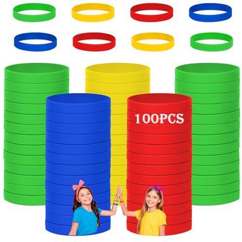 HONTIUS Braccialetto in silicone per bambini, 100 pezzi, in silicone, colore verde, 7, in silicone, per scuola, insegnanti, team, feste, bambini (per 8-12 anni), 4 colori