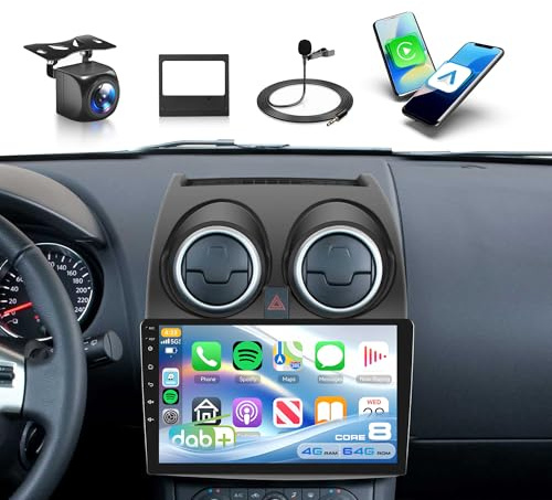 【Dab+】 8 Core 4+64G Android Autoradio pour Nissan Qashqai J10 2006-2016 9 Pouces Écran Auto Radio avec Carplay sans Fil Android Auto Mirror Link Bluetooth FM/RDS/EQ/HiFi WiFi GPS+AHD Caméra Recul