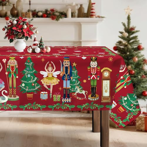 Arquiel Christmas Nutcracker Tablecloth Waterproof, Xmas Red Table Cloth Rectangle, Washable Table Cover for Christmas Party Home Kitchen Decoration (60×120 Inch)