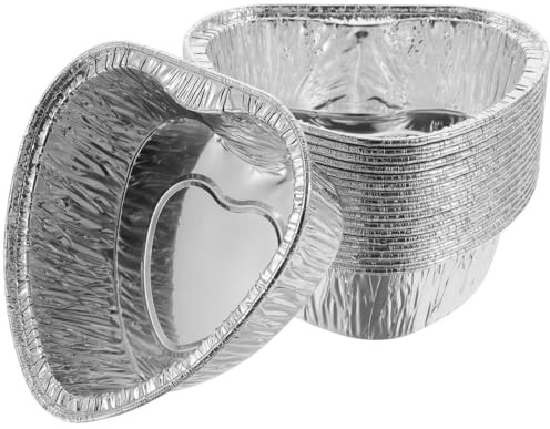 50 teglie rotonde in alluminio per torte, mini stampi per crostate di uova, vassoio da forno per torte (50 pezzi a forma di cuore argentato)