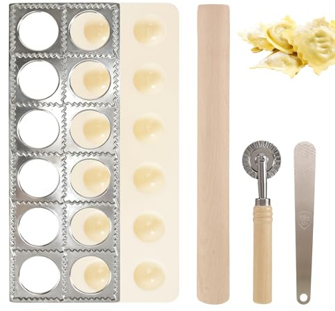 EUIOOVM Ravioli Maker Ravioli Former mit Nudelholz, Teigtaschenrad Former, Fleischspatel Raviolibrett für 12 Teigtaschen