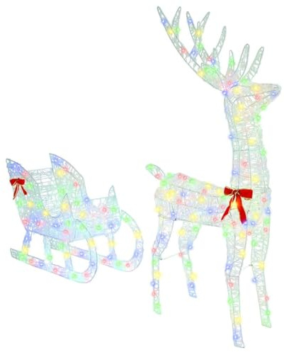 vidaXL Slitta trainata da Renna colorato 70 x 26 x 129 cm Acrilico, Slitta Moderna, Decorazione Resistente con Renna, figurina Natalizia, luci LED USB, Decorazione acrilica Minimalista