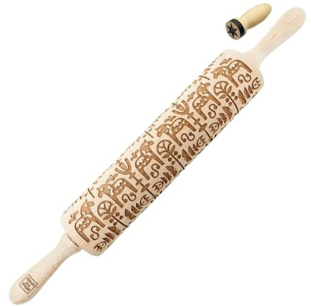 MoodForWood Teigroller aus Holz, Gravierte Holzrolle 43 cm, mit Griffen & Stempel, Roller mit Muster für Teig, Kuchen & Backwaren, Nudelholz für Müheloses Ausrollen, Ø 6 cm, Dala-Pferd