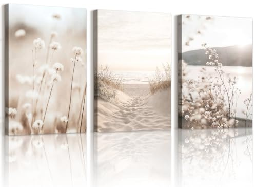 WENGTIAO 3 Stück Boho Beige Landschaft Leinwand Bilder Kunstdrucke Gerahmt | Minimalistische Blumen Strand Küsten Gemälde auf Leinwand, Wandbilder für Modern Wanddeko Wohnzimmer Schlafzimmer 40x60cmx3