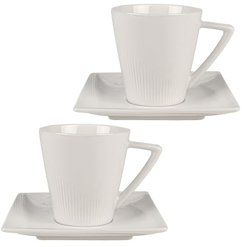 Festa Italia 2 x Espressotassen mit Untertassen - 80ml - Weiß Espresso Tassen Set aus Porzellan - Italienische Modern Kaffeeservice für 2 Personen - Mokkatassen mit Untertasse - Espressotasse