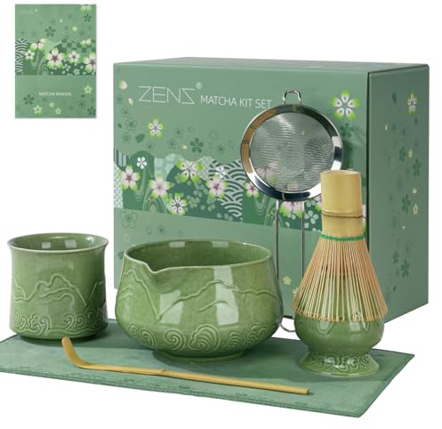 ZENS Premium Matcha Kit with Blooming Cup, 7pcs Matcha Whisk Set, Green | Ceramic Matcha Set Icludes Ceramic Bowl, Bamboo Whisk, Chasen Holder, Scoop, Sifter and Tea Mat, Matcha Lovers Gifts