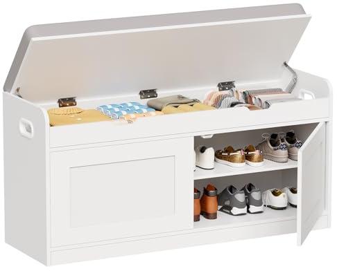 2-Tier Storage Bench, 39.4 Wide Shoe Bench with Lift-Up Top, Shoe Storage Bench with Cushion, Shoe Cabinet with Handleless Doors and Adjustable Shelf for Entryway, Bedroom, White KHD02W