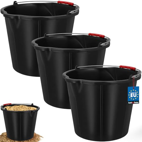 KOTARBAU® Baueimer 15 L, Mörteleimer, Mörtelkübel mit Ausguss, HDPE | 3er Set, Maurer Werkzeug Eimer, Mörtelkübel, Kunststoff, Putzeimer mit Henkel und Skala, Rund, Schwarz