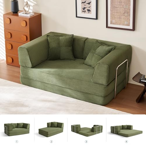 LINSY HOME Schlafsofa - Bodensofa Bed mit Pillow Back Support Armrest - Schlafsofa Klappbar 160 cm Breit- Compressed Sofa in Box - Cord Stoff für Wohnzimmer Schlafzimmer - Grün