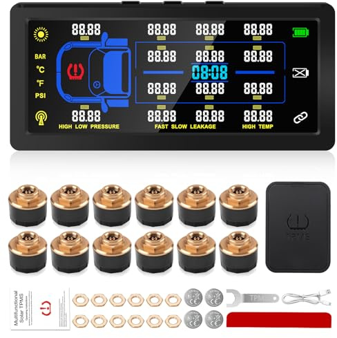 SYNJAUPO Système de Contrôle de la Pression des Pneus avec 12 Capteurs | 0-188PSI,écran Couleur 7 Pouces,Amplificateur de Signal,Permet de Passer en 6, 8, 10 ou 12 Roues,Chargement Solaire et USB