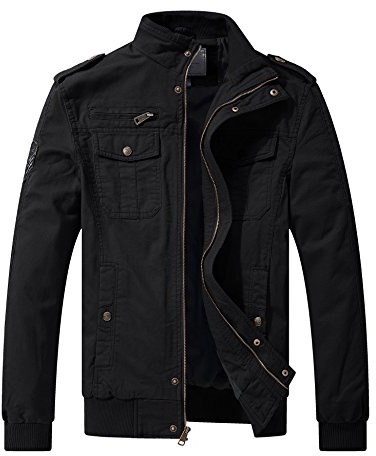 WenVen Men's Casual Cotton Jacket Outdoor Lightweight Leisure Jacket Classic Full-Zip Jacket Military Jacket Black L
