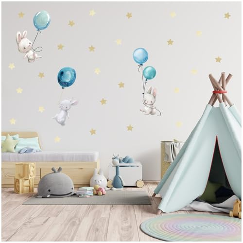 Wandsticker personalisiert Sticker Aquarell Tiere mit Name Wandtattoo für Kinderzimmer Babyzimmer Spielzimmer Mädchen Junge Y037 (Nr. 5 Hasen mit Ballons, Ohne Wunschname)