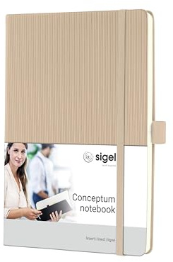Sigel Conceptum Premium Notizbuch A5 liniert beige Hardcover | CO651, 194 nummerierte Seiten, Inhaltsverzeichnis, Falttasche und Stiftschlaufe