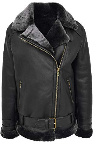 House of Leather Damen Echt Schaffell Jacke Flieger Kreuzen Reißverschluss Biker Stil Lena Schwarze, Silberfarbene Spitze 36