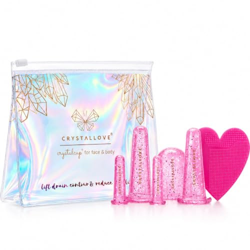 CRYSTALLOVE Coppette Massaggio Silicone - Bicchieri per coppettazione in silicone 5 pezzi con spazzola per la pulizia del viso in un set - Massaggio del corpo e del viso, Coppa per Massaggio