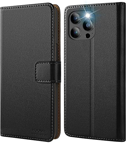 HOOMIL Handyhülle für iPhone 13 Pro Max, Premium Leder Klappbar Hülle, mit Kartenfach & Standfunktion, Unterstützt Kabelloses Laden - Schwarz