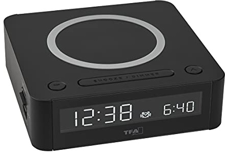 TFA Dostmann Digital Wecker Easy-Charge Wireless, 60.2030.01, mit kabelloser Qi Ladestation, Farbdisplay, Weckalarm mit 2 Lautstärken, Snooze-Funktion, mit Netzadapter, schwarz