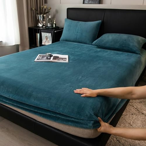 Boqingzhu Flauschige Plüsch Spannbettlaken 180x200cm Petrol Blau Fleece Flanell Cashmere Touch Spannbetttuch Winter Kuschelig Bettlaken für 25 bis 30cm Matraze