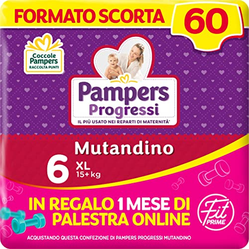 Pampers Progressi Unterhose & Fit Prime XL, kurz, 60 Windeln, Größe 6 (15 + kg), 1 Monat Online-Fitnessstudio als Geschenk