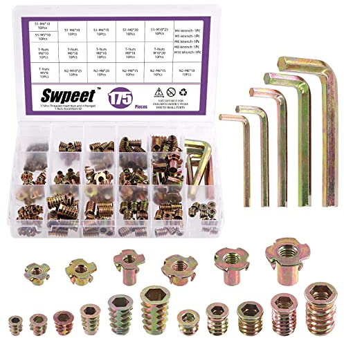 Swpeet 175Pcs M4 M5 M6 M8 M10 Metric Carbon Steel Color Zinc Plated Threaded Inserts Nuts and T-Nut 4 Pronged Tee Blind Nuts with Wrench Assortment Kit for Wood Furniture Bolt Fastener Screw Inserts