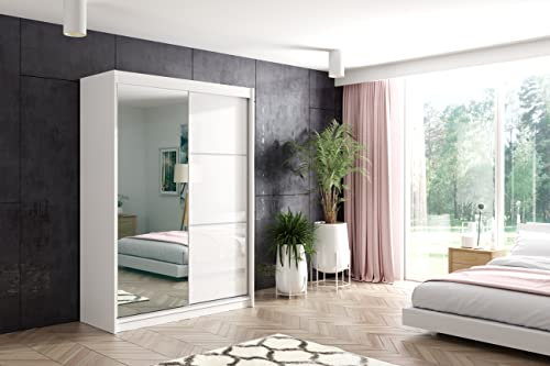 ALTDECOR Kleiderschrank mit Spiegel und Schiebetüren, kugelgelagerte Führungsschienen und Aluminium-Leisten - VIVI - 160 cm Weiß
