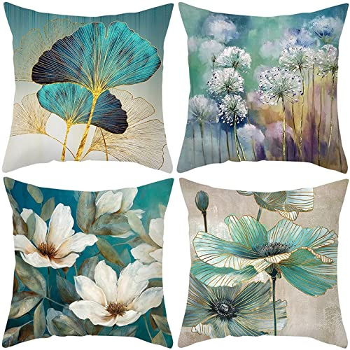 Fheeao Kissenbezug 40x40cm Bunte Ölgemälde-Blumen 4er Set DekoKissen Leinen Einseitig Couchkissen mit Muster Wohnzimmer Modern Kuschelkissen Sofakissen Zierkissenbezüge kissenhülle für Loungemöbel