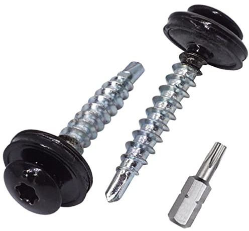 SKIR'CO (150 st) Metalltakskruvar, 4,8 x 35 mm målade självborrande skruvar med EPDM-brickor, torxhuvud (kolsvart RAL 9005)