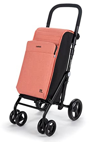 Carlett Einkaufstrolley mit 4 Rädern, faltbar, 50 L erweiterbare Tasche + 10 L Thermofach, wasserabweisend, höhenverstellbarer Griff, Sicherheitsbremse, 360°-Räder – Urban Quad, Lachs