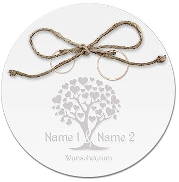 Acrylglas Ringkissen personalisiert zur Hochzeit Standesamt mit Lasergravur mit individuellen Namen und Datum klein und modern - Herzbaum