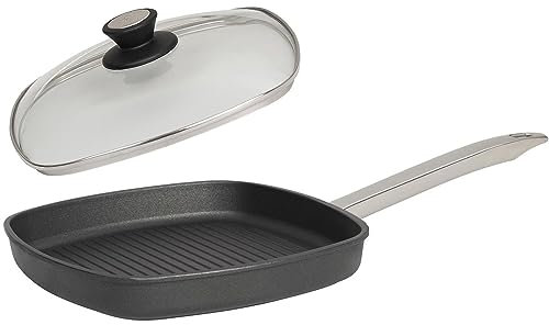 SKK 2-tlg. Grillpfanne 28x28 cm - ohne Induktion - beschichtete Aluguss Eck-Bratpfanne Edelstahl-Stiel & Deckel mit Edelstahlrand - Made in Germany