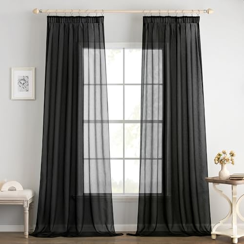 EMEMA Gardinen Vorhänge mit Kräuselband 2er Set 245cm Lang Schwarz Vorhang | Vorhänge mit Kräuselband Transparente Gardine für Schienensystem Wohnzimmer Luftig Dekoschal Schlafzimmer 140 X 245cm