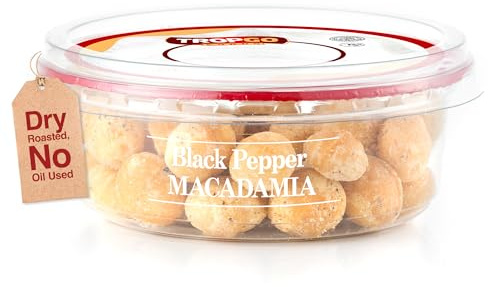 Tropgo Roasted Salted Black peper macadamia - Guilt Free Flavoured Nuts in a Resealable and Recyclable Tub - Fibre and Mineral Rich Whole Macadamia Nuts - Healthy Vegan Snack for all Ages (100G)