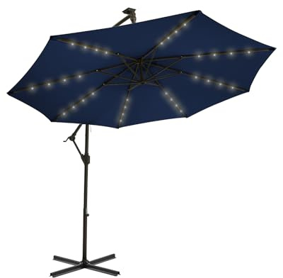 wikiwiki 10ft Solar LED Offset Hanging Market Cantilever Patio Umbrella for Backyard, Poolside, Lawn and Garden, Easy Tilt Adjustment, Polyester Shade & Cross Base, Navy