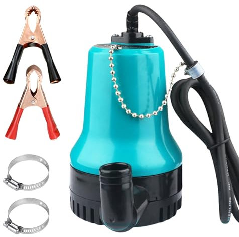 MEGYAD Tauchpumpe: DC 12V 65W 4200l/h Schmutzwasser Drainage Tauchpumpe mit Klemme, Flachsaugend für Schmutzwasser mit Partikeln bis zu 30 mm, Kunststoff, Türkis