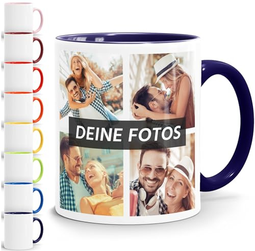 SpecialMe® Tasse personalisiert Fotocollage Fototasse mit bis zu 5 Fotos persönliches Geschenk Kaffeetasse mit Bild selbst gestalten Weiss-innen-navy standard