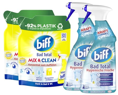 BIFF Bad Total-Set 2x Konzentrat Mix & Clean Spritzige Zitrone (2x 125ml) & 2x Hygienische Frische Badreiniger, Sprühflasche (2x 750ml), Bad Reiniger gegen Kalk & Schmutz