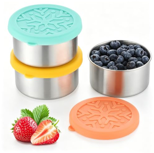 Misichao Kleine Lebensmittelbehälter aus Edelstahl für Kinder - 220 ml x 3 Edelstahl Brotdose Wiederverwendbare Snack-Behälter aus Metall mit auslaufsicheren Deckeln