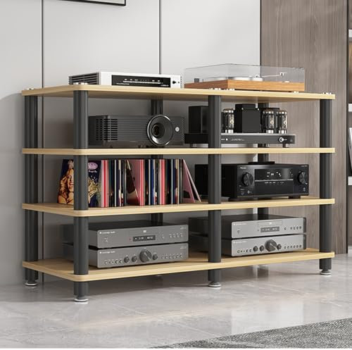 Audio Rack Hifi Regal Audiokomponenten-Rack-Tower Mit 4 Ebenen, Multifunktionales Stereo-AV-Medienregal/Verstärkerschrank Für Das Homeoffice, Aufbewahrungstisch Aus Holz Mit Stahlrahmen(Light wood)