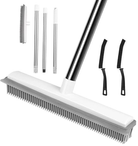 AMFUN 2 in 1 Rubber Broom with Squeegee,Adjustable Long Handle Rubber Broom,Floor Sweeping Brush for Pet Dog Hair Carpet Kitchen Cleaning,Household,Bathroom (with 2 Crevice Cleaning Brush)