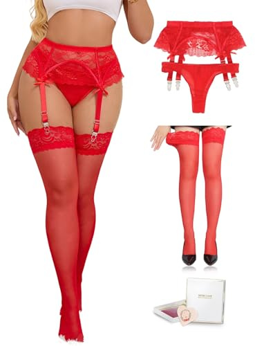 ohyeahlady Plus Size Stockings and Suspenders Lingerie Sets Sexy Lace Suspenders Women High-waisted Garter Belt,Box Package,Thong Included Red XL-XXL