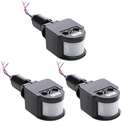 Quystetes 3 Detectores de Movimiento Negros, Interruptor de Luz con Sensor de Movimiento, Sensor de Movimiento Pir de Corriente Continua de 12 V para Exteriores