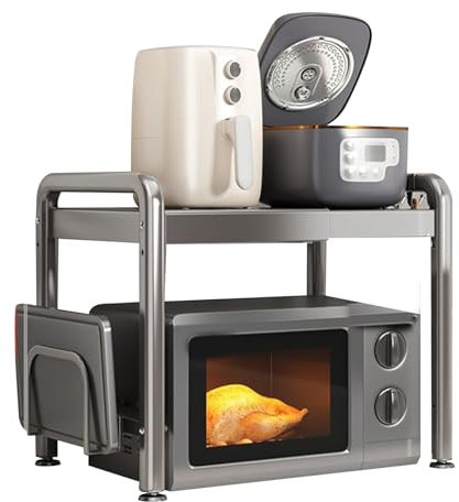 Yuehuamech Étagère extensible à 2 niveaux pour four à micro-ondes avec support de planche à découper et 6 crochets - Étagère d'angle pour casseroles et grils