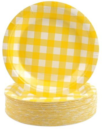 50Pcs Gingham Paper Plates,7 inch Yellow Checked Dessert Cake Plates Plaid Disposable Tableware Party Supplies for Easter Picnic, Camping, Family Gathering, Baby Shower, Birthday, Bachelor Party