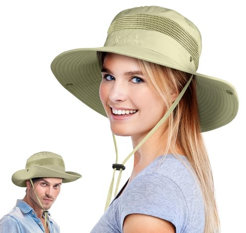 BSBUY Sonnenschutzhut UPF 50+ UV-Schutz Herren Sonnenhut Wasserdichter Fischerhut Bucket Hut Damen Breite Krempe Buschhut mit Kinnband Mesh Atmungsaktiv Angelhut für Outdoor Angeln Jagd Camping(Khaki)