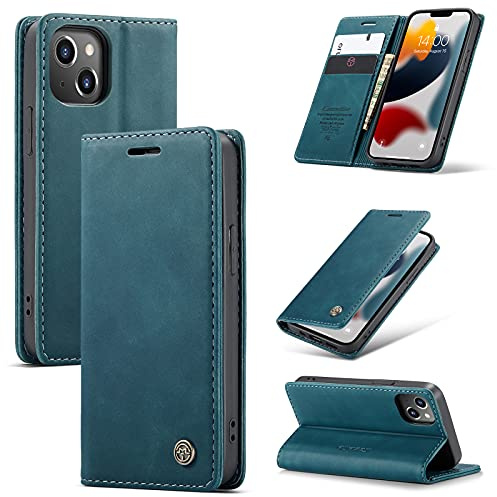 owlhold Handyhülle iPhone 13 Mini klapphülle Premium Lederhülle Weiches Vintage-Nubukleder Faltbare Ständer Schutzhülle Kartenfach Standfunktion hülle iPhone 13 Mini - Blaugrün