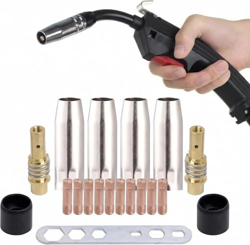 Unnosin 19 Teile MIG MAG Schweißbrenner Verschleißteile für 15AK MB15 | 4x Gasdüse, 2x Düsenstock, 10x Stromdüse M6 0,8 mm, 2x Isolator, 1x Werkzeug