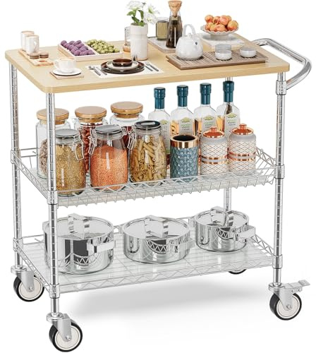 Leteuke Rolling Kitchen Carts with Wheels, 34 L x 17.5 W, 3-Tier Heavy Duty Utility Cart with Wood Tabletop, NSF Commercial Metal Serving Cart with Handle and Shelf Liner for Kitchen, Chrome