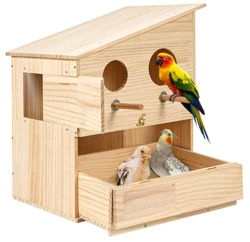 Hölzerner Sittich Brutkasten Sichtfenster Sitzstangen für kleine Papageien | 40×30×50cm mit Reinigungsschublade,Wellensittiche, Agaporniden, Nymphensittiche, Kanarienvögel, Finken, kleine Papageien